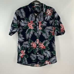 Coofandy Mens Medium Tropical Floral Palm Print Button Down Shirt Navy Pink 661